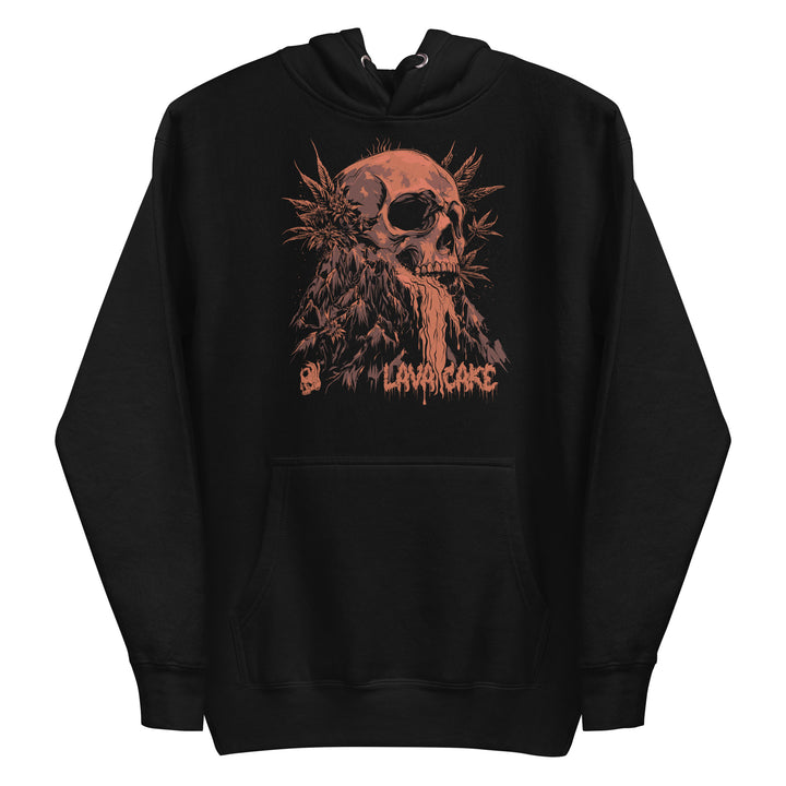 Hellbeing Lava Cake strain skull hoodie in black, front design view
