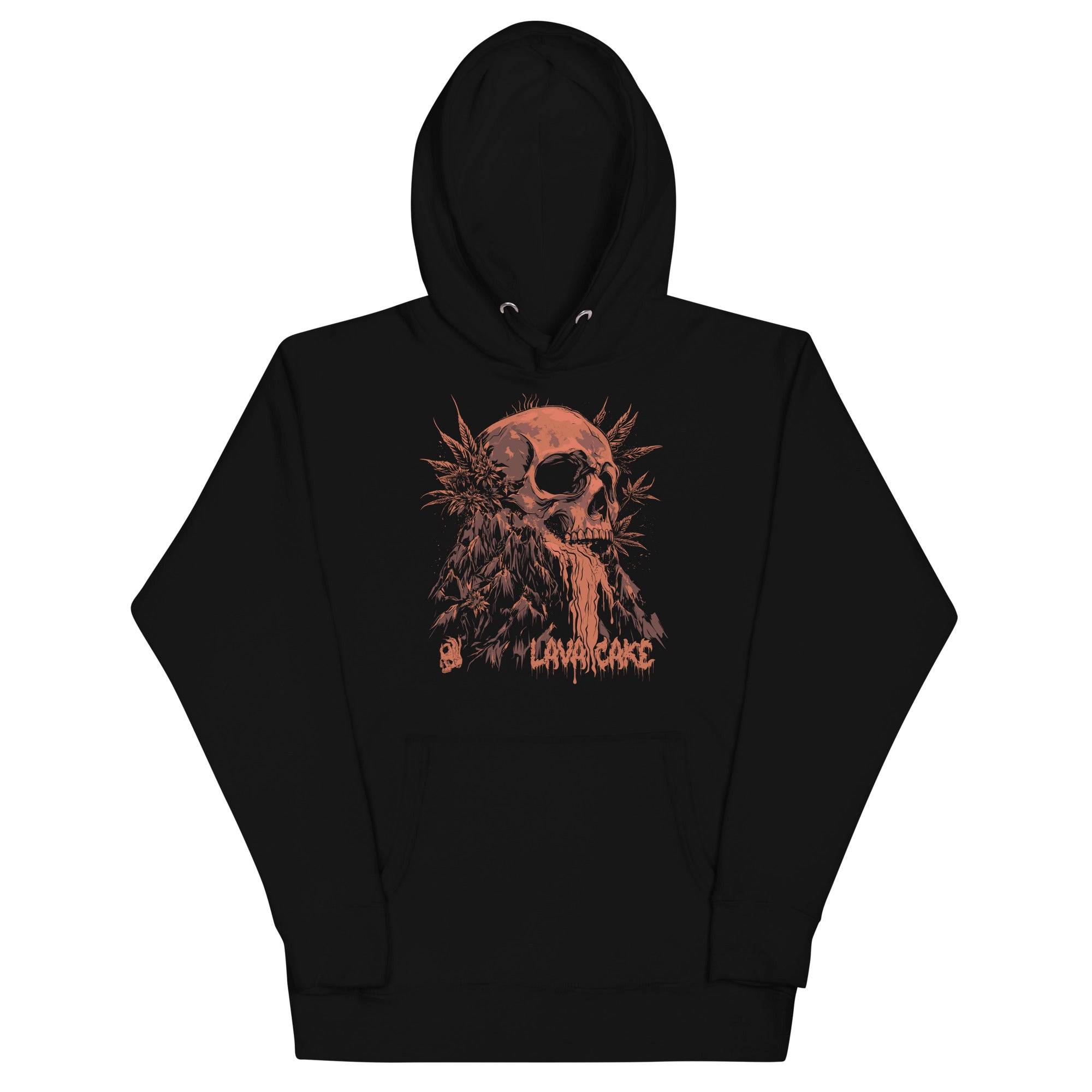 Hellbeing Lava Cake strain skull hoodie in black, front close-up
