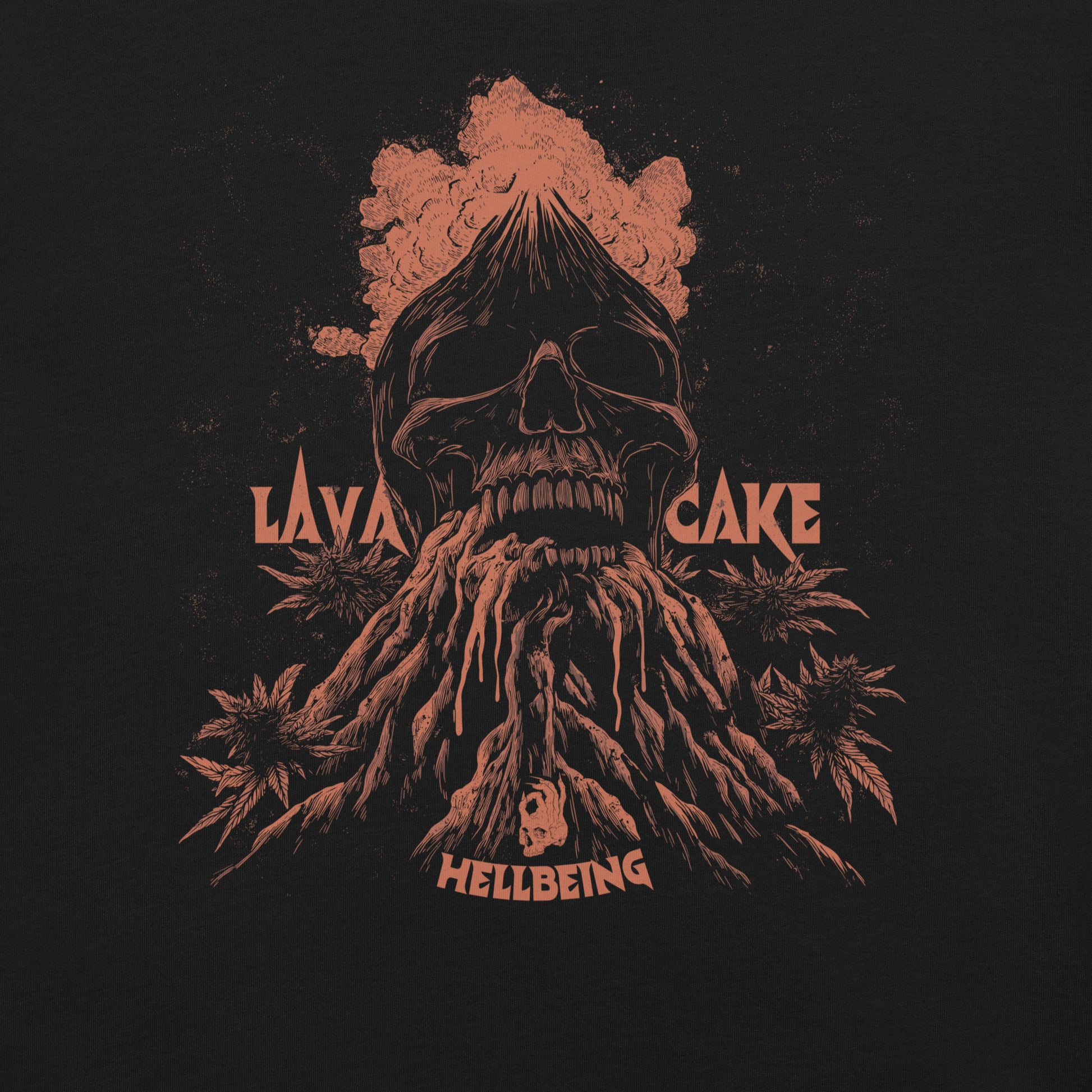 Artwork close up of the Hellbeing cannabis Lava Cake strain unisex black t-shirt