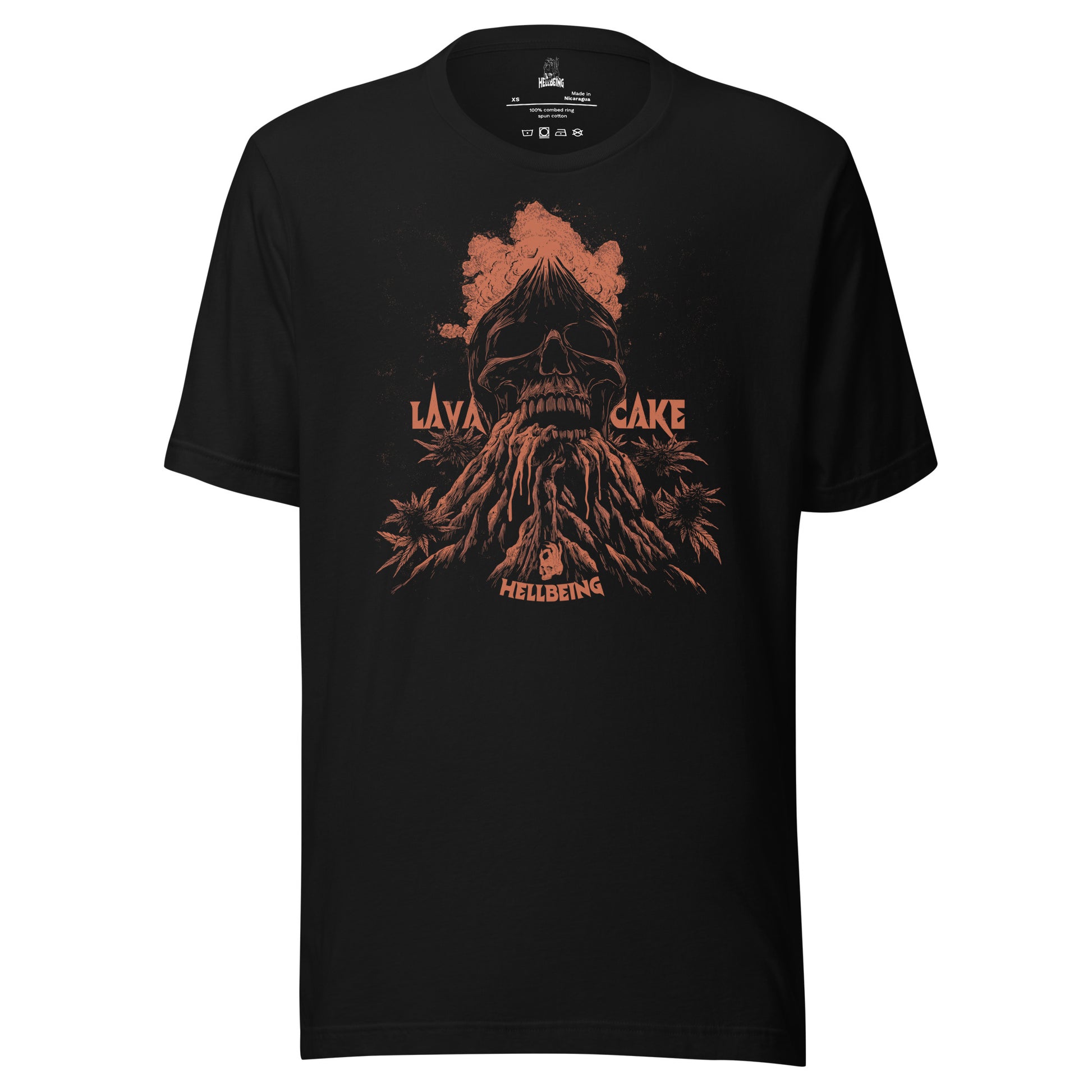 Front view of the Hellbeing cannabis Lava Cake strain unisex black t-shirt