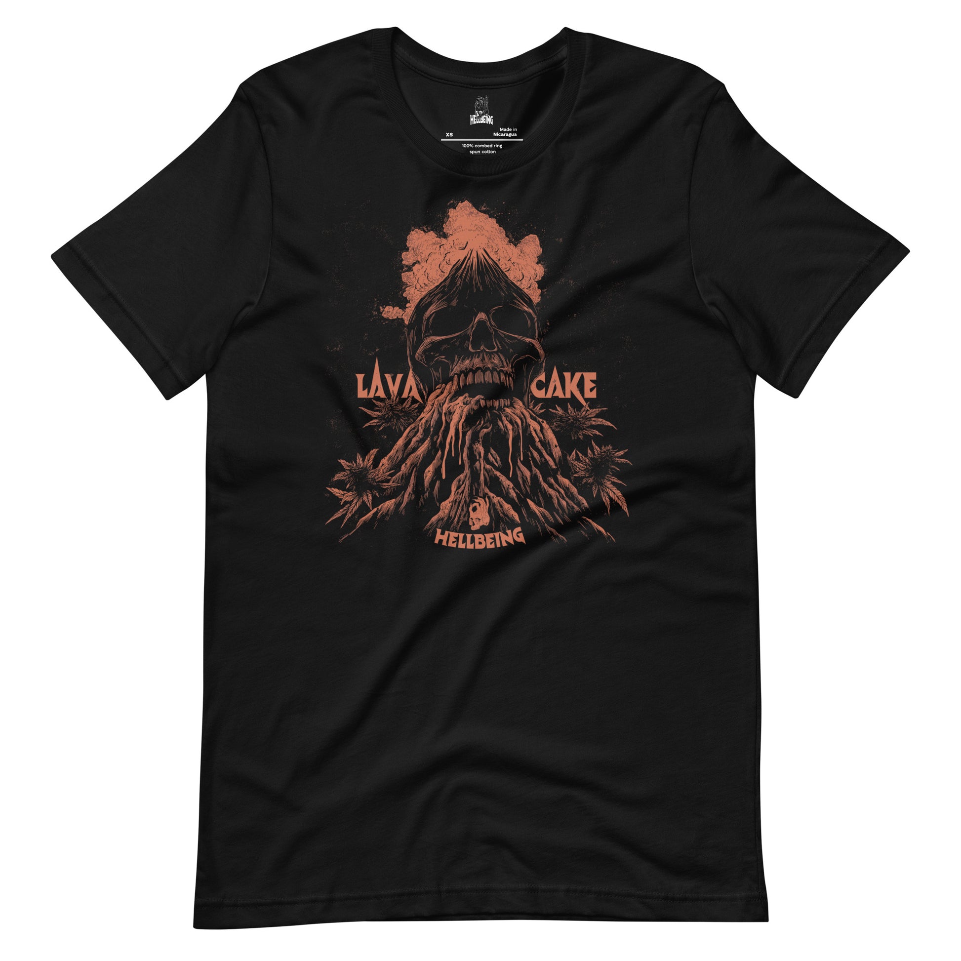 Front view of the Hellbeing cannabis Lava Cake strain unisex black t-shirt