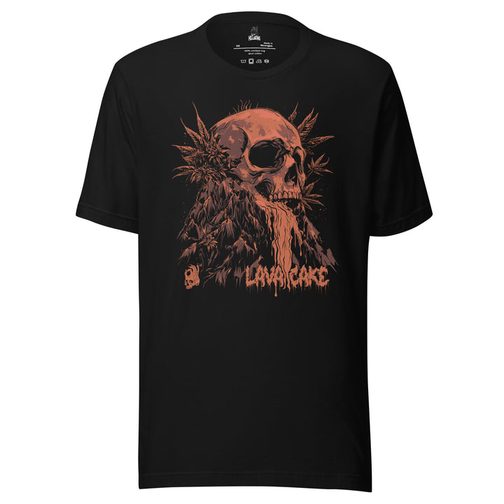 Hellbeing Lava Cake strain skull tee in black, front view