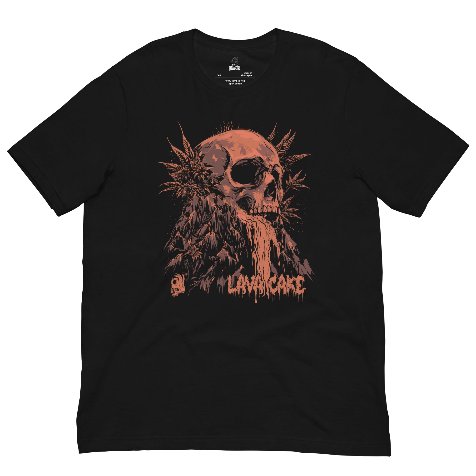 Hellbeing Lava Cake strain skull tee in black, front design view