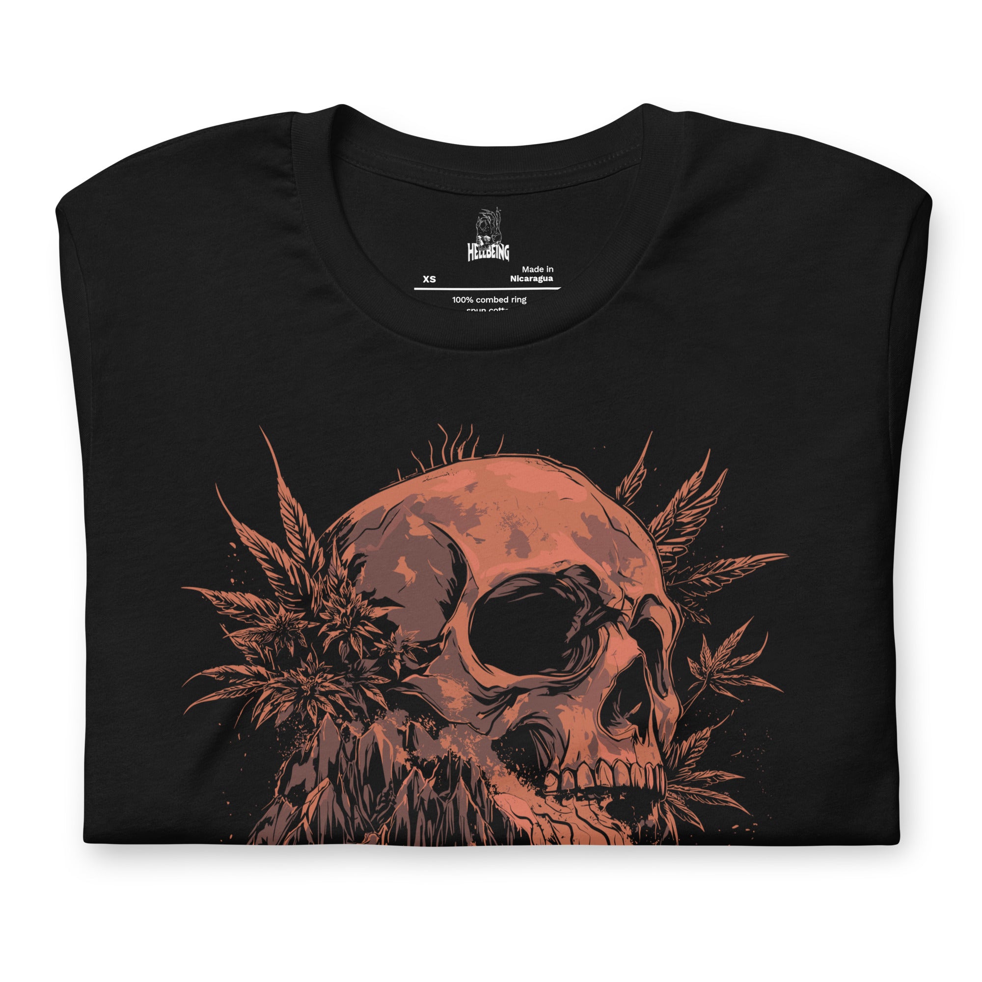 Hellbeing Lava Cake strain skull tee in black, folded detail