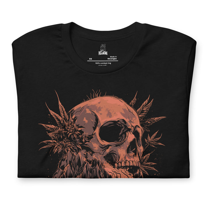 Hellbeing Lava Cake strain skull tee in black, folded detail