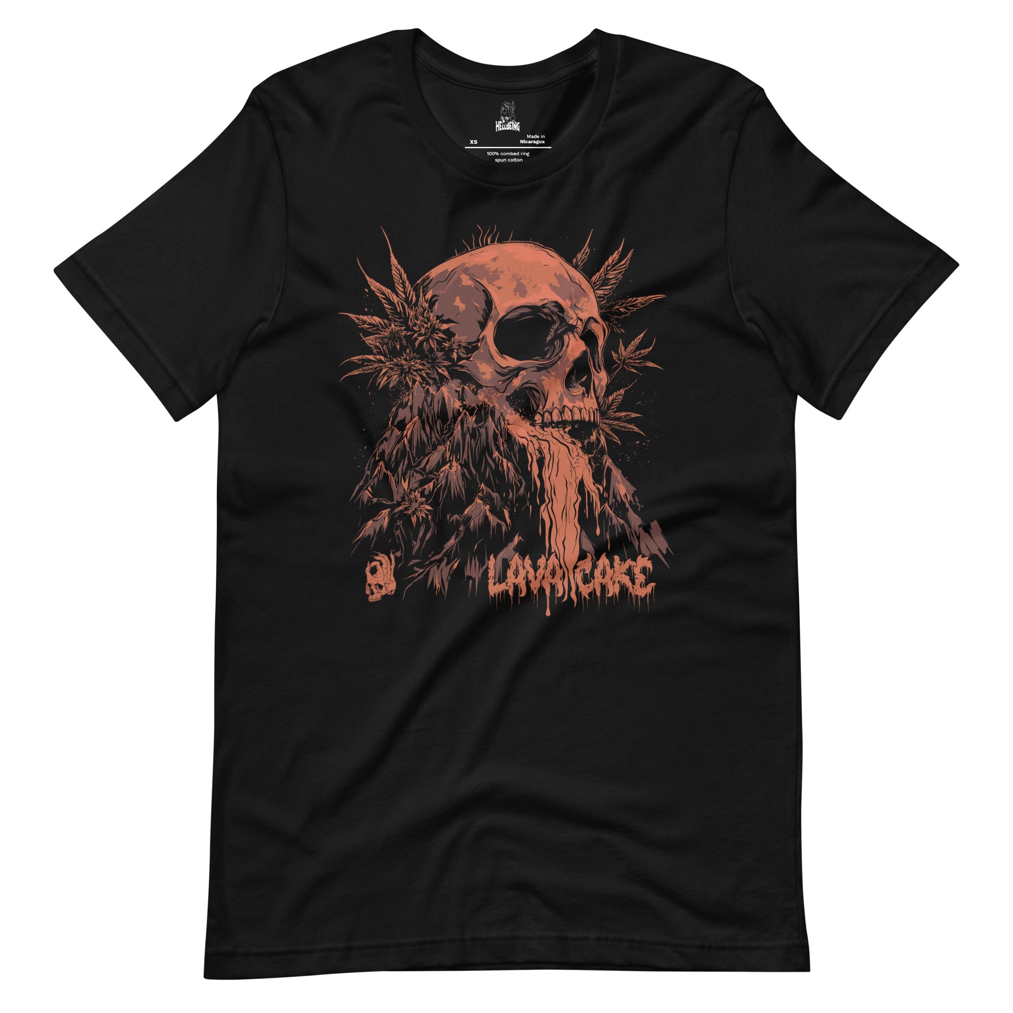 Hellbeing Lava Cake strain skull tee in black, front close-up