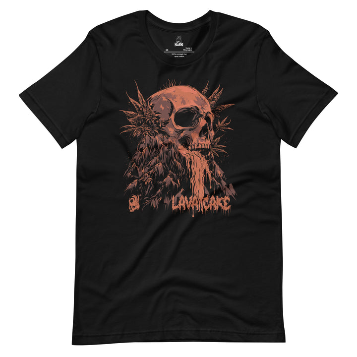Hellbeing Lava Cake strain skull tee in black, front close-up