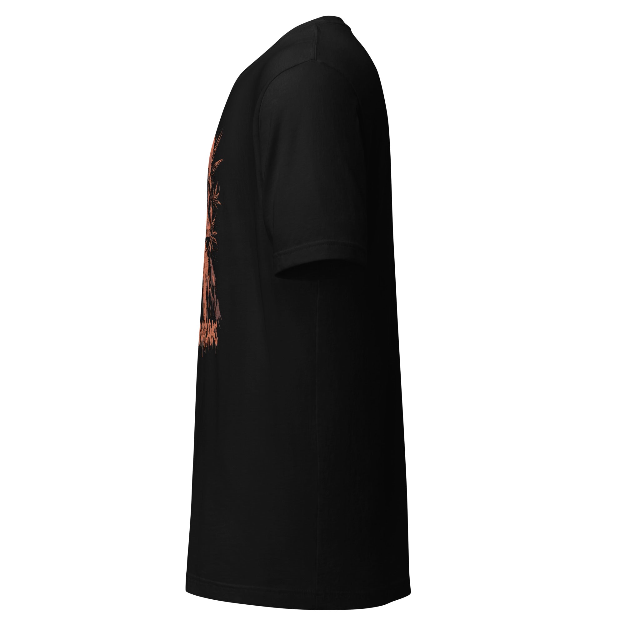 Hellbeing Lava Cake strain skull tee in black, left side view