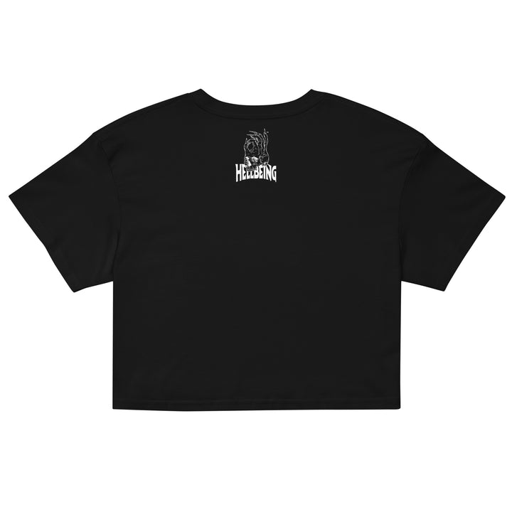 Hellbeing Lava Cake strain skull crop top in black, label detail