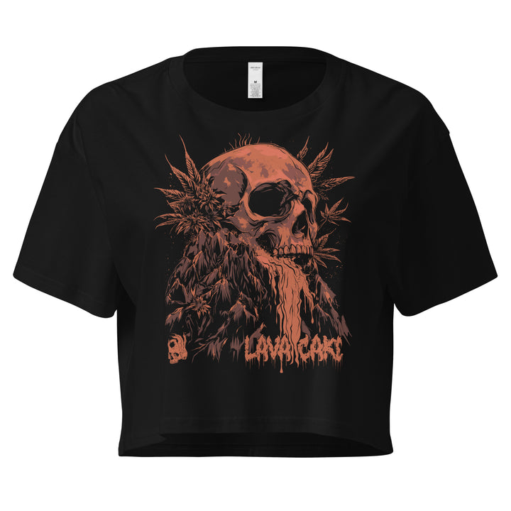 Hellbeing Lava Cake strain skull crop top in black, front view