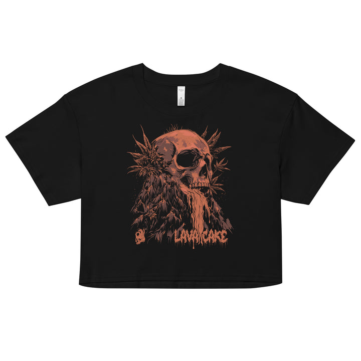 Hellbeing Lava Cake strain skull crop top in black, front design view