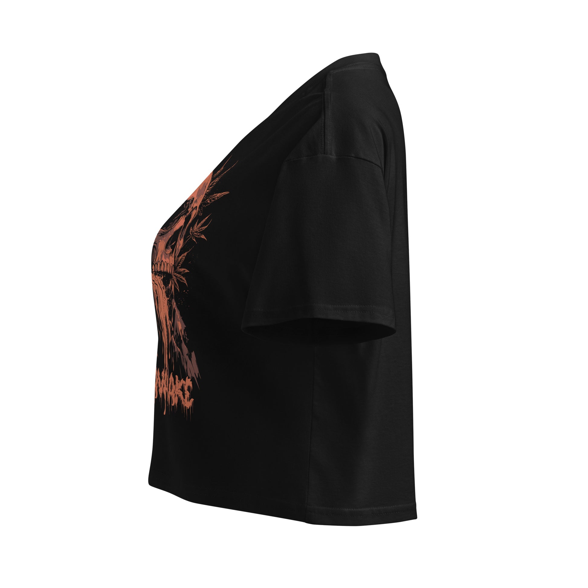 Left side view of the Hellbeing cannabis Lava Cake strain women's black crop top