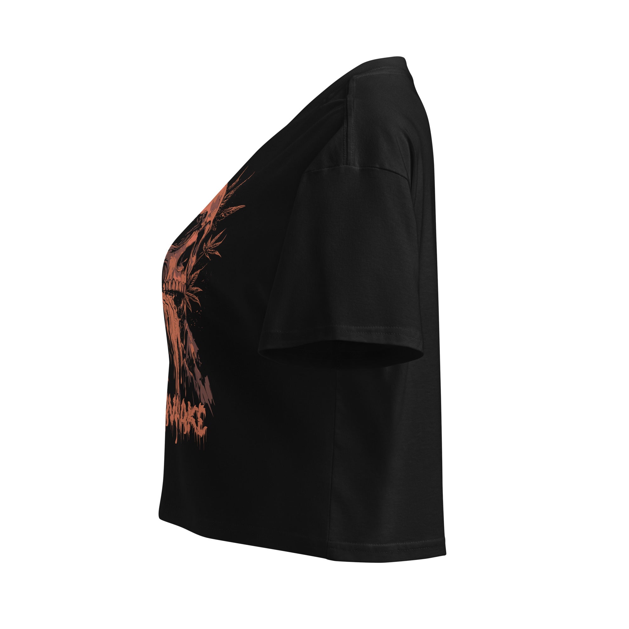 Hellbeing Lava Cake strain skull crop top in black, left side view
