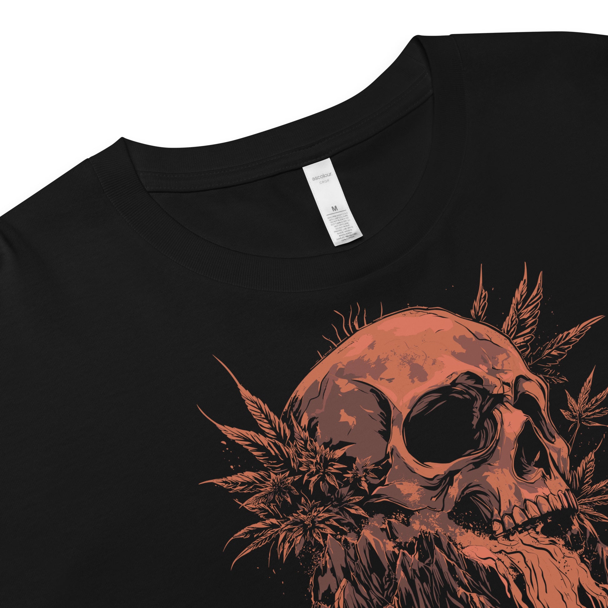 Front inside tag view of the Hellbeing cannabis Lava Cake strain women's black crop top