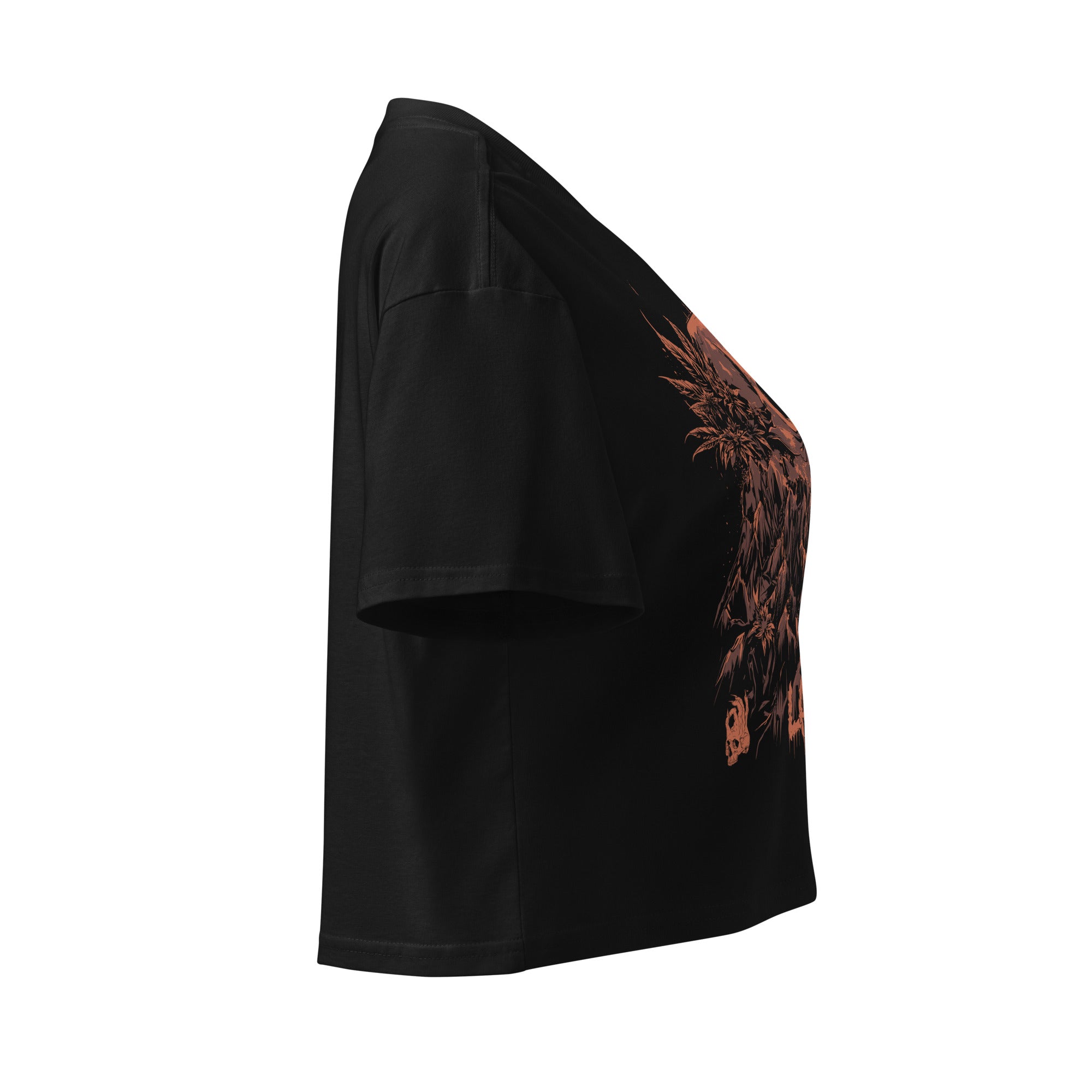 Hellbeing Lava Cake strain skull crop top in black, right side view