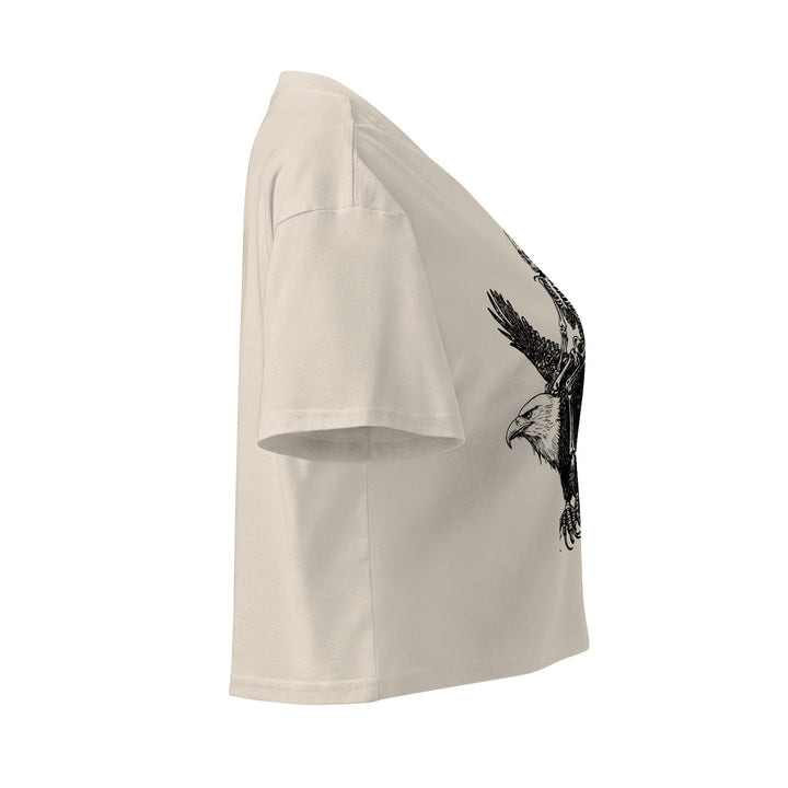 Right side of Off-white Hellbeing Skeleton riding an eagle women's crop-top
