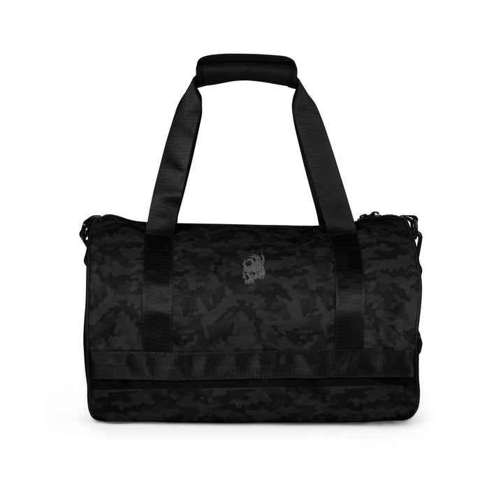 Hellbeing black camo gym duffel bag with gray skull logo, back view