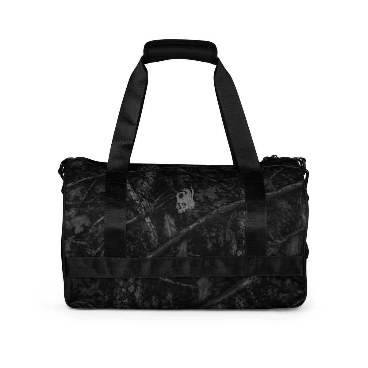Hellbeing black tree bark camo gym duffel bag with gray skull logo, back view