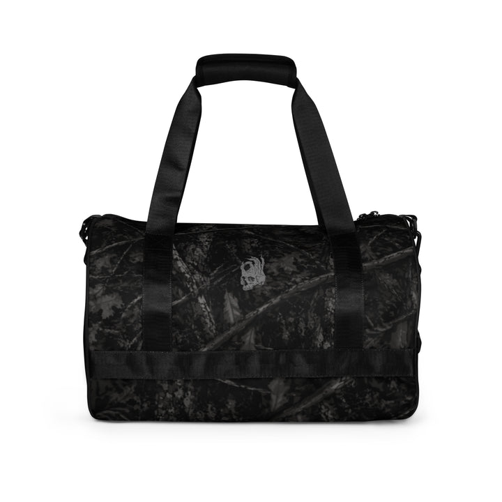 Hellbeing black tree bark camo gym duffel bag with gray skull logo, back view