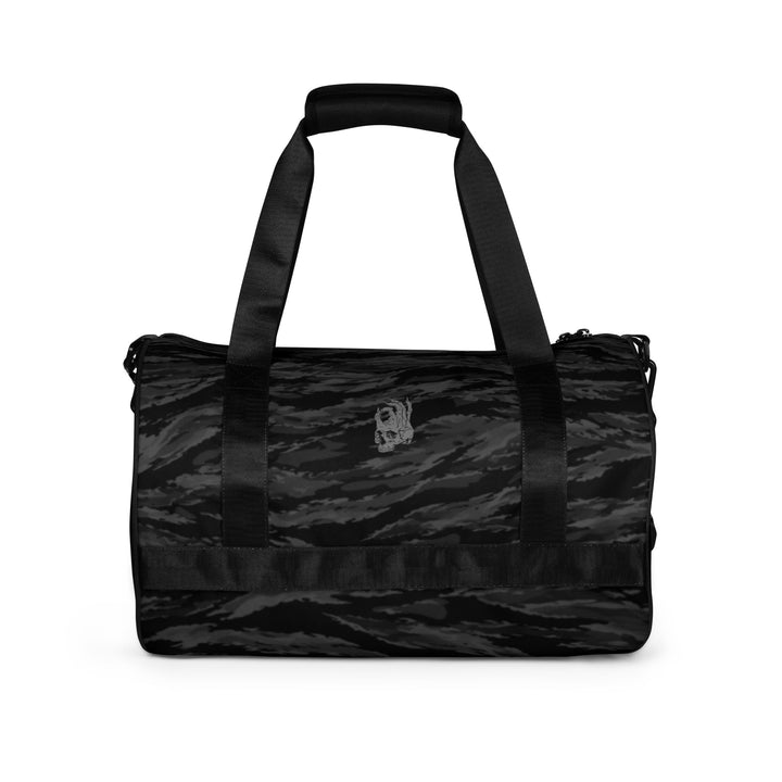 Hellbeing black tiger stripe camo gym duffel bag with gray skull logo, back view