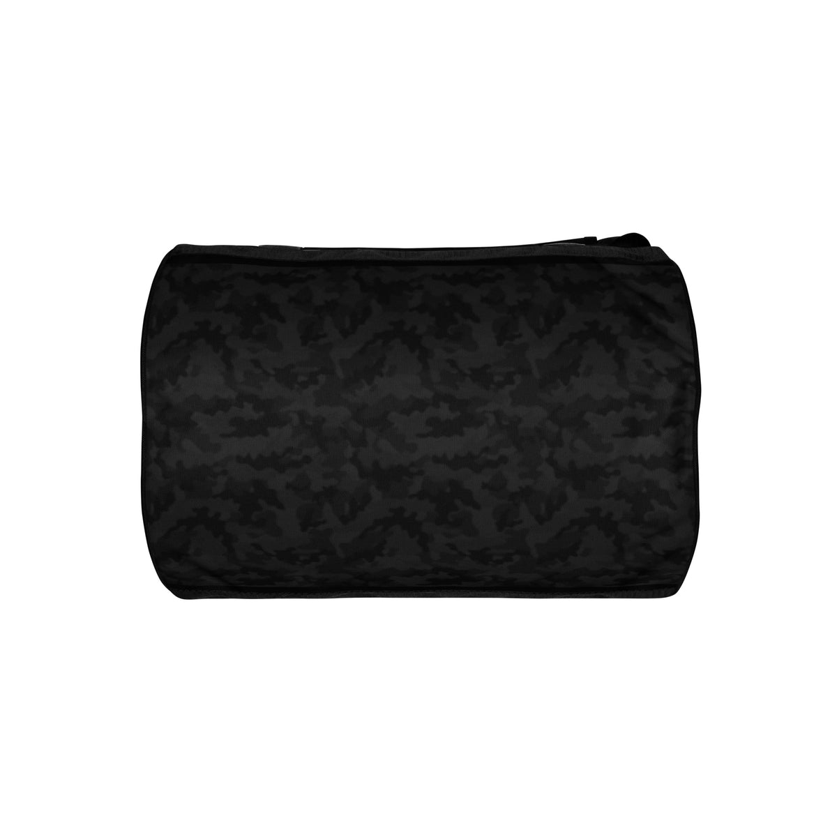 Hellbeing black camo gym duffel bag with gray skull logo, bottom view