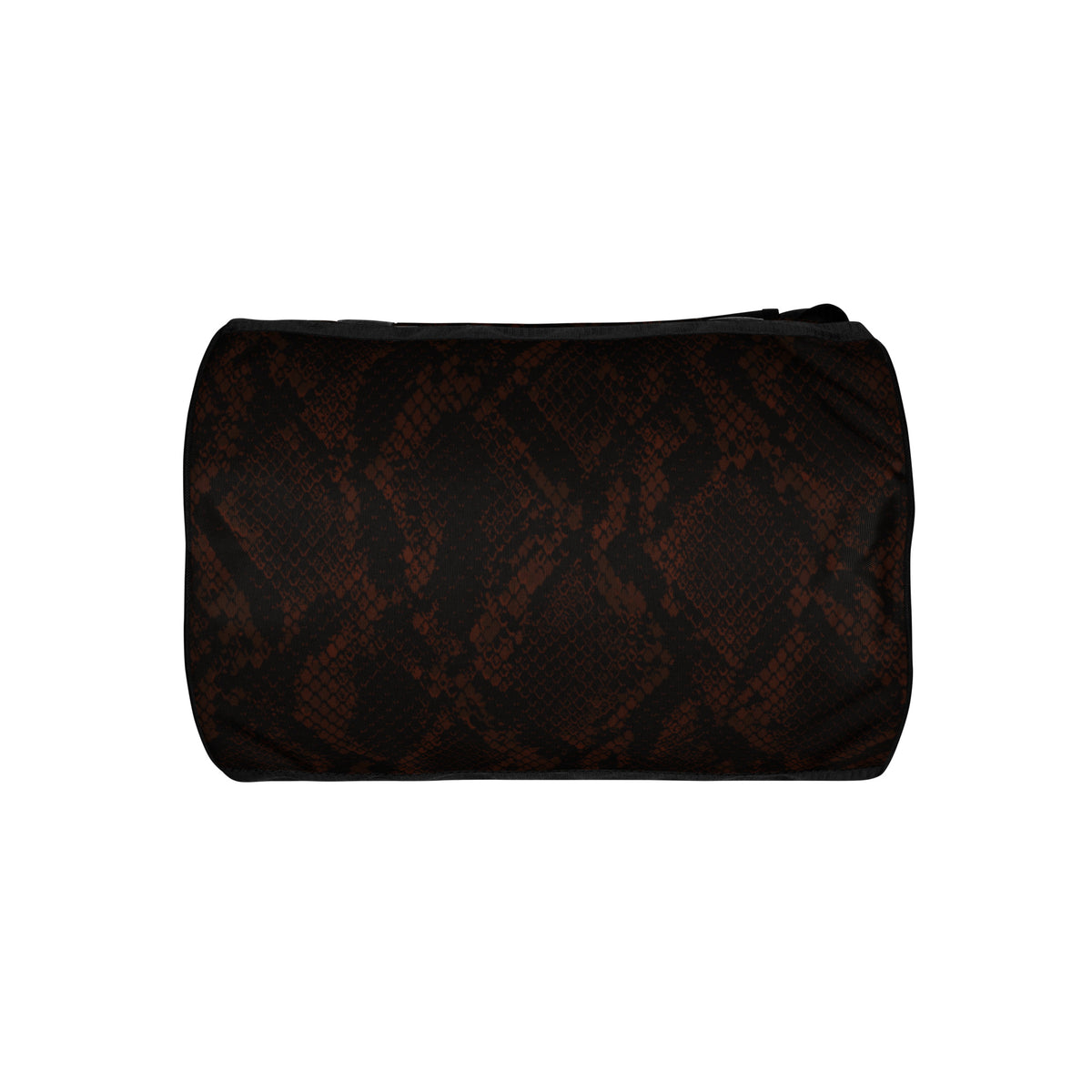 Hellbeing burgundy snakeskin print gym duffel bag with rust-red skull logo, bottom view