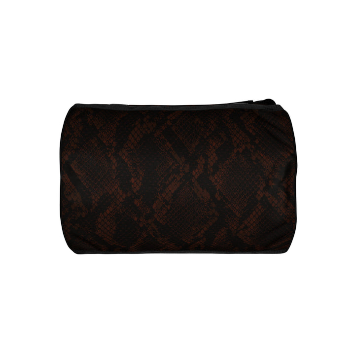 Hellbeing burgundy snakeskin print gym duffel bag with rust-red skull logo, bottom view