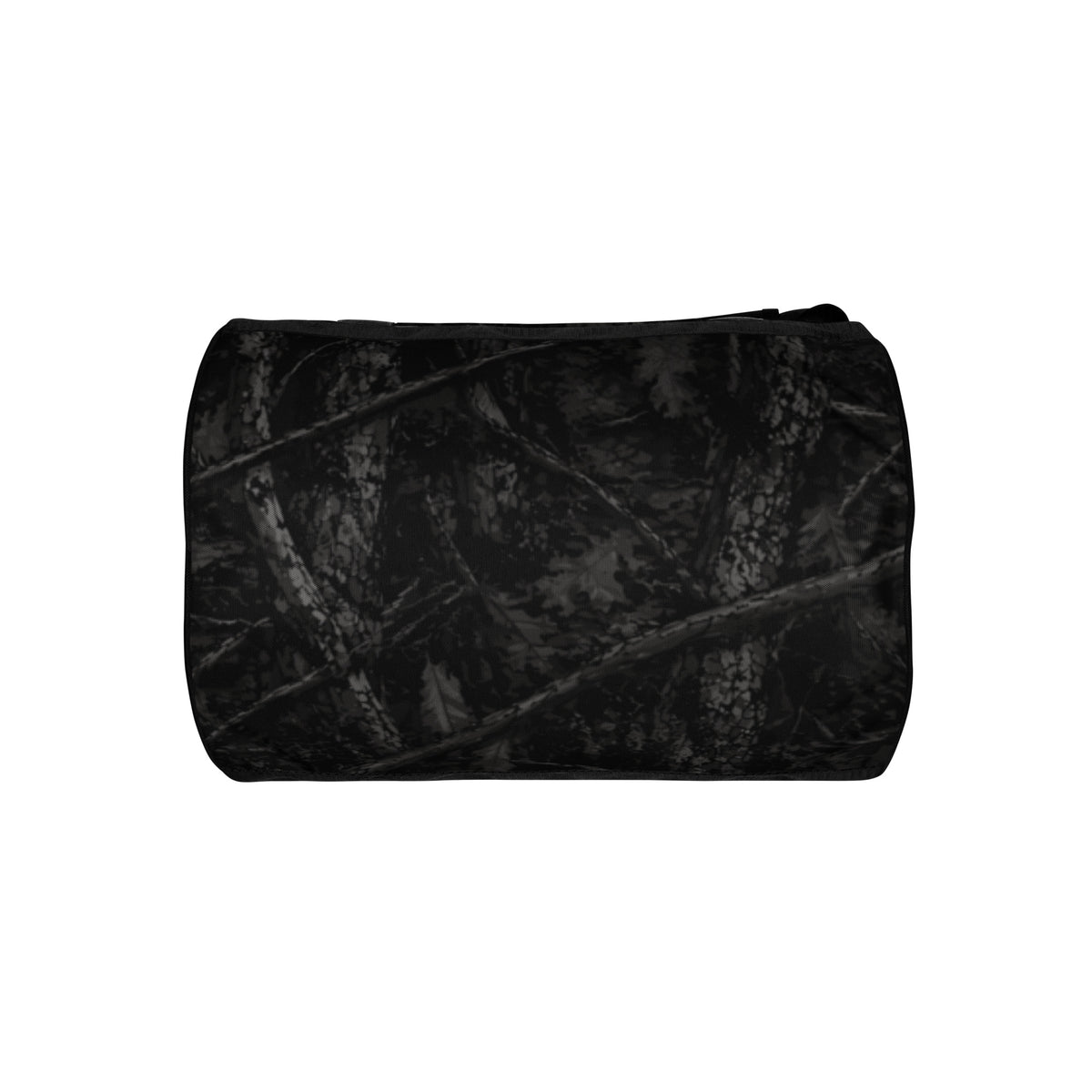 Hellbeing black tree bark camo gym duffel bag with gray skull logo, bottom view