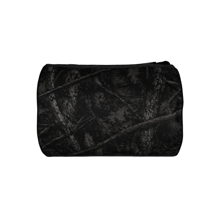 Hellbeing black tree bark camo gym duffel bag with gray skull logo, bottom view