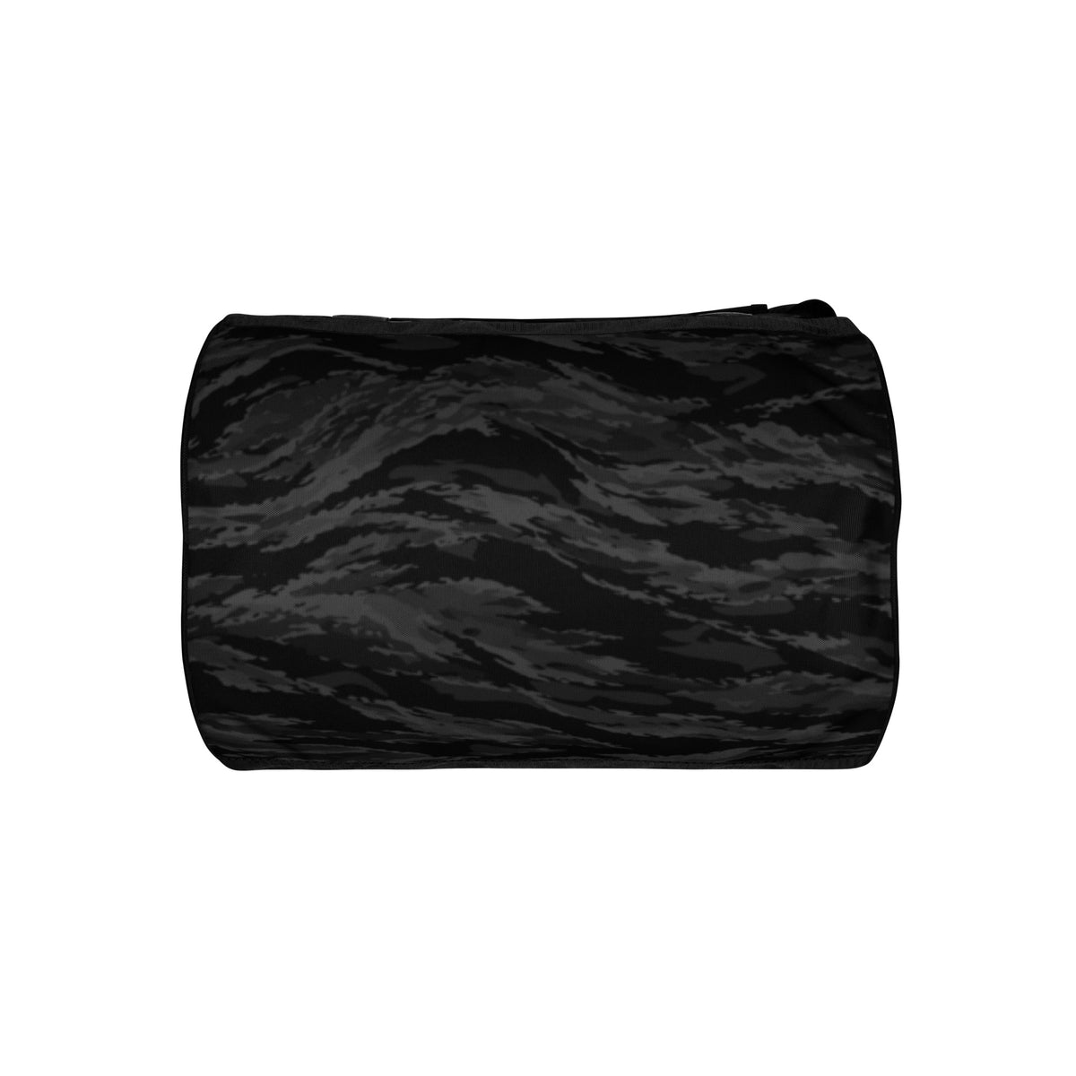Hellbeing black tiger stripe camo gym duffel bag with gray skull logo, bottom view