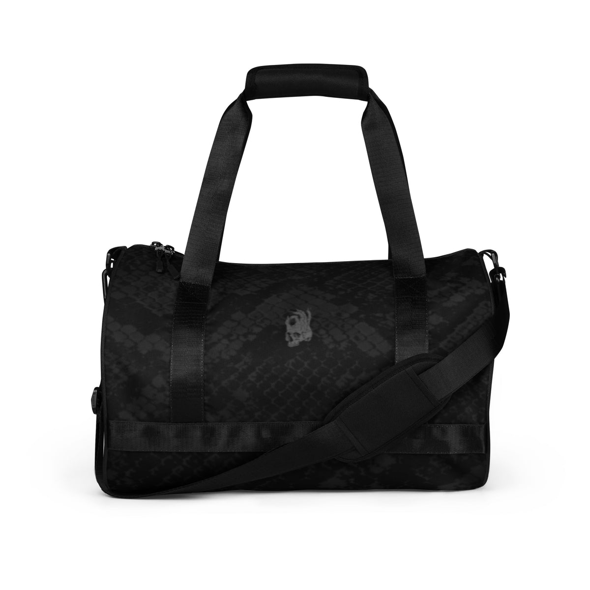 Hellbeing black snakeskin print gym duffel bag with gray skull logo, front view