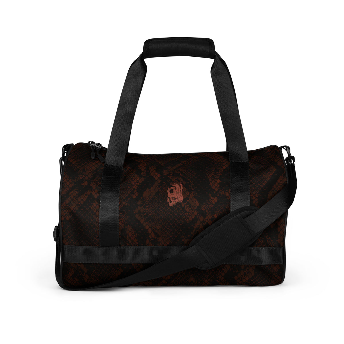 Hellbeing burgundy snakeskin print gym duffel bag with rust-red skull logo, front view