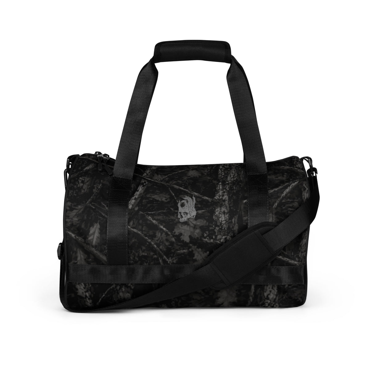 Hellbeing black tree bark camo gym duffel bag with gray skull logo, front view