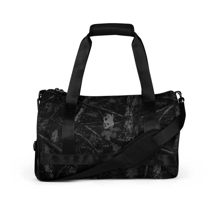 Hellbeing black tree bark camo gym duffel bag with gray skull logo, front view