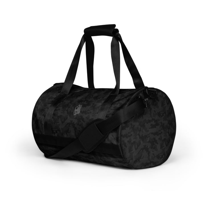 Hellbeing black camo gym duffel bag with gray skull logo, left side view