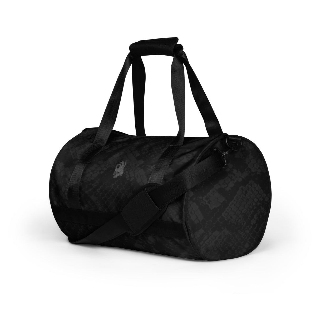 Hellbeing black snakeskin print gym duffel bag with gray skull logo, left side view