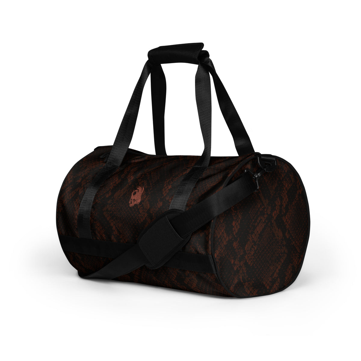 Hellbeing burgundy snakeskin print gym duffel bag with rust-red skull logo, left side view