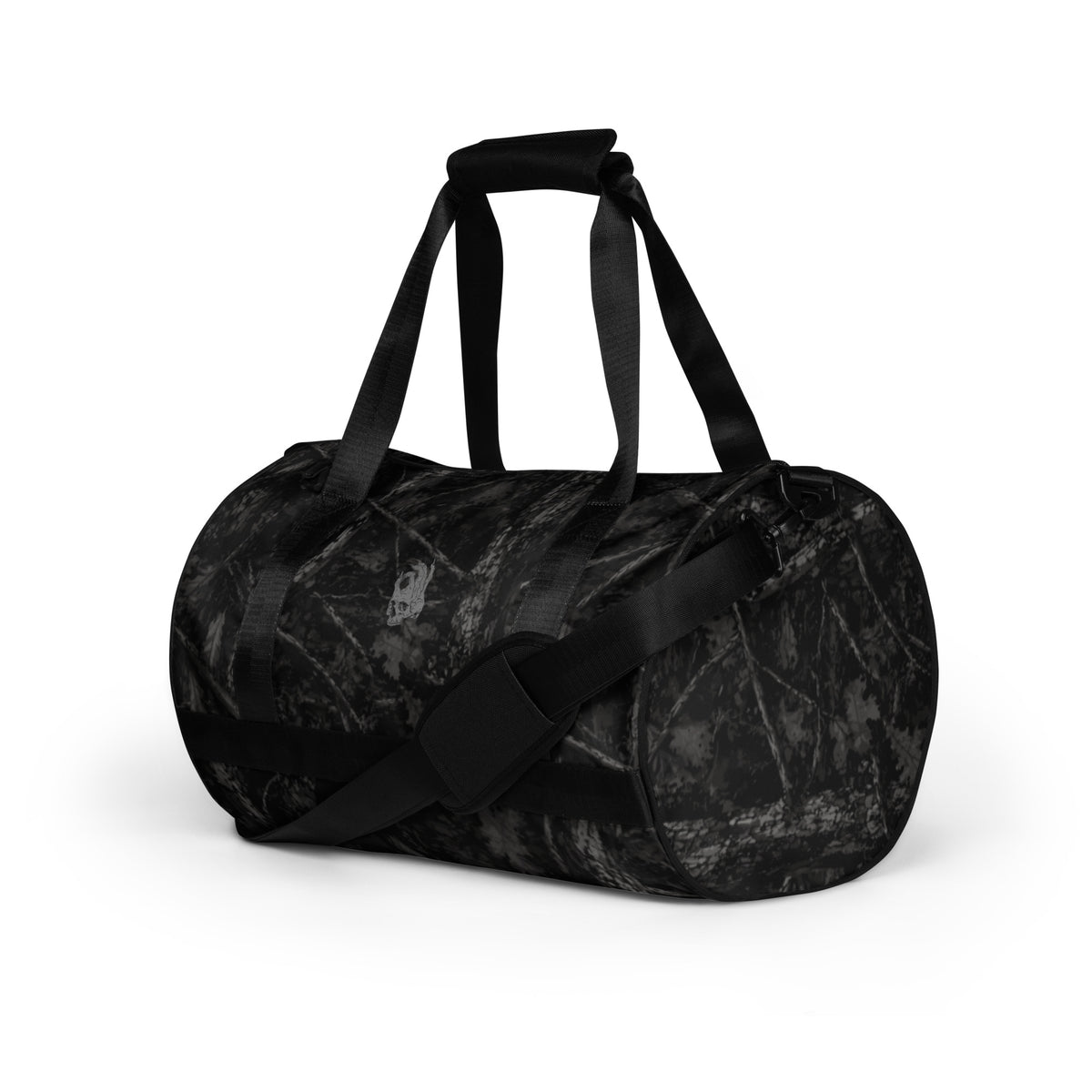 Hellbeing black tree bark camo gym duffel bag with gray skull logo, left side view