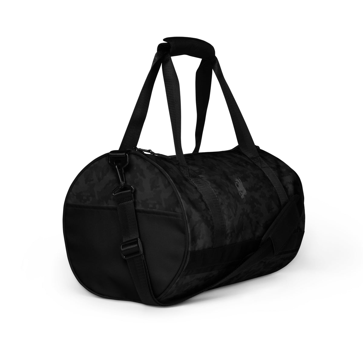 Hellbeing black camo gym duffel bag with gray skull logo, right side view