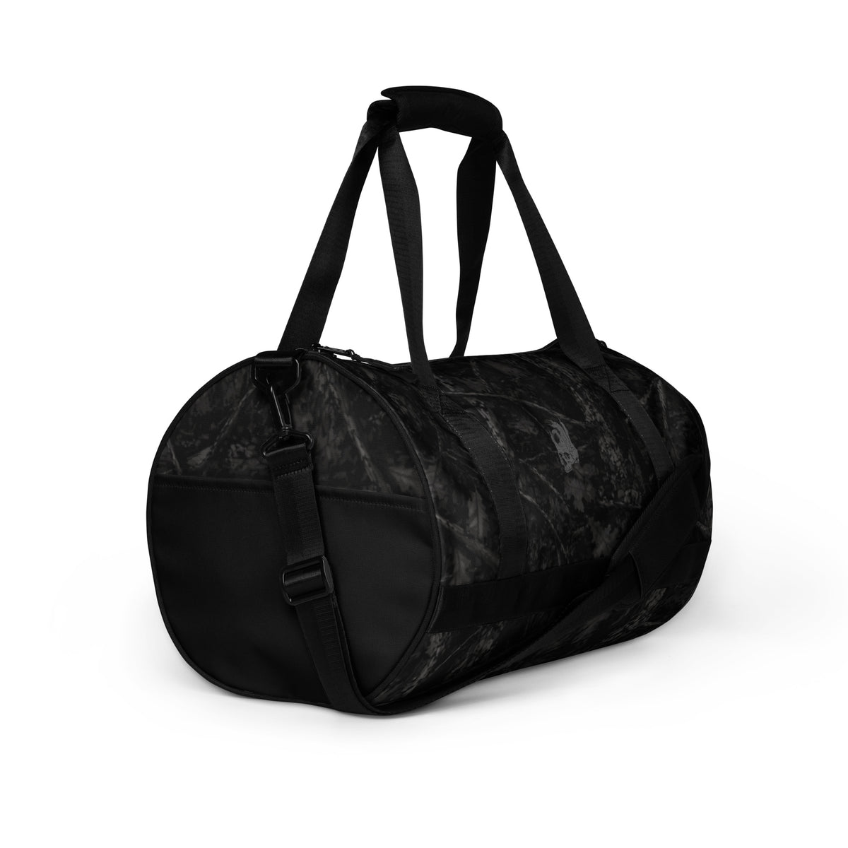 Hellbeing black tree bark camo gym duffel bag with gray skull logo, right side view