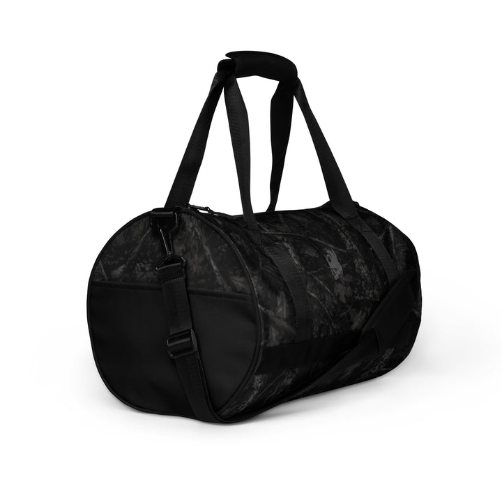 Hellbeing black tree bark camo gym duffel bag with gray skull logo, right side view