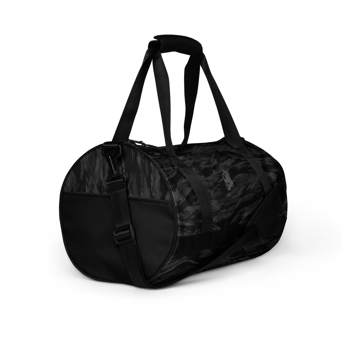Hellbeing black tiger stripe camo gym duffel bag with gray skull logo, right side view