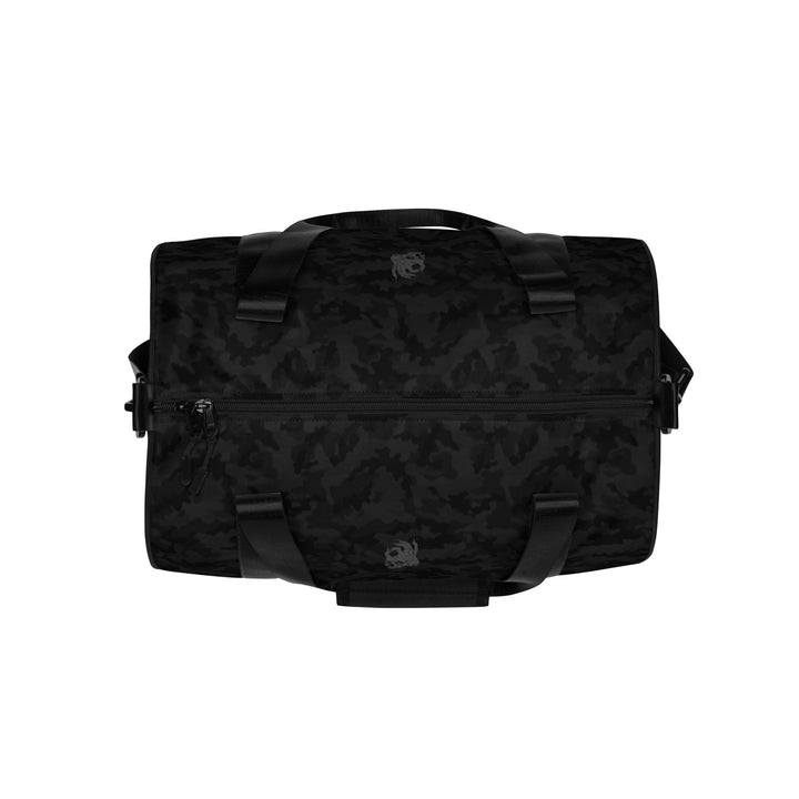Hellbeing black camo gym duffel bag with gray skull logo, top view