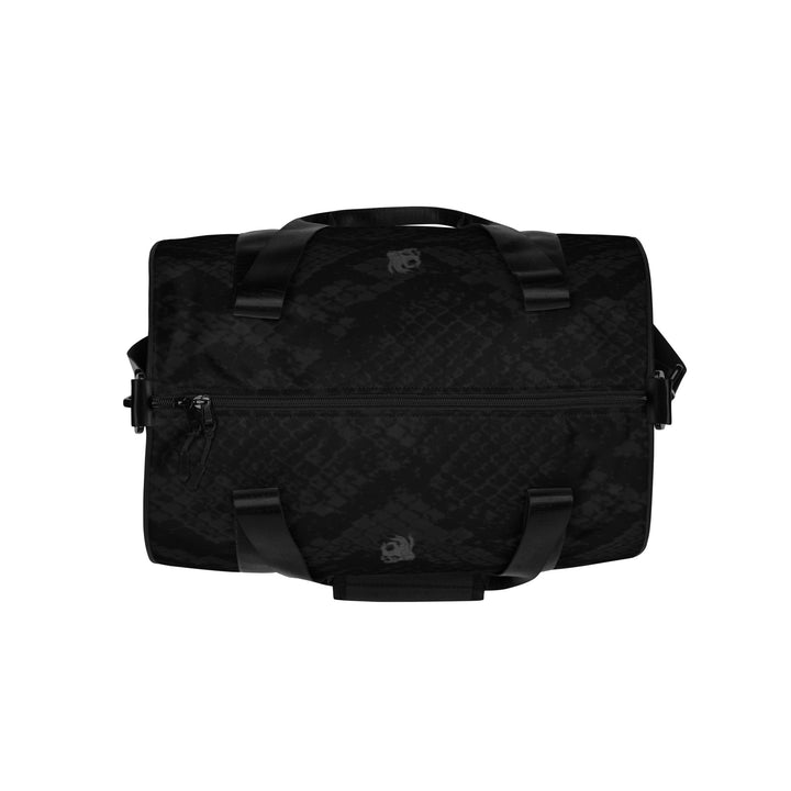 Hellbeing black snakeskin print gym duffel bag with gray skull logo, top view