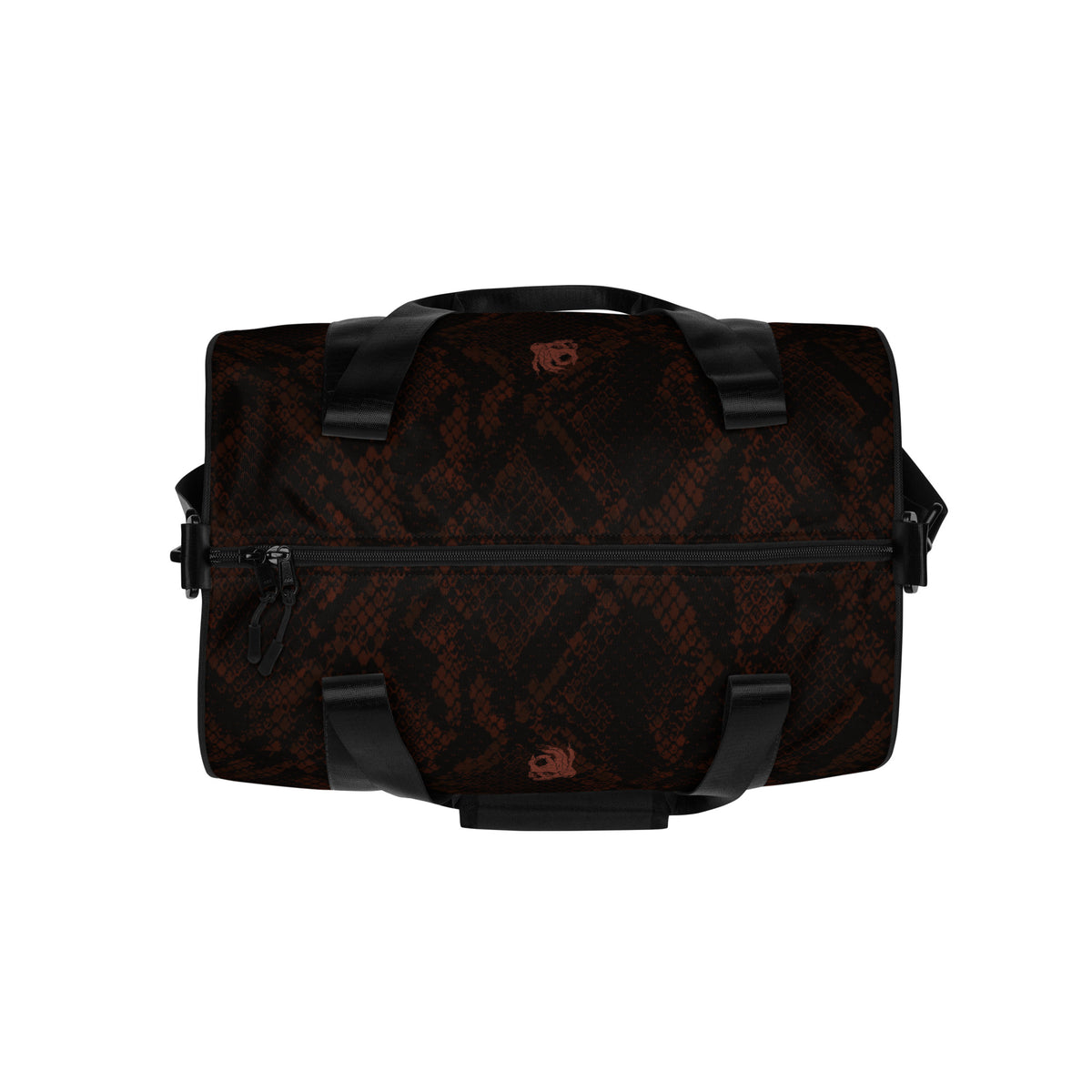 Hellbeing burgundy snakeskin print gym duffel bag with rust-red skull logo, top view