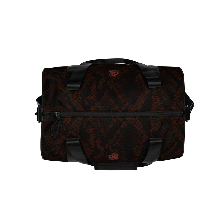 Hellbeing burgundy snakeskin print gym duffel bag with rust-red skull logo, top view