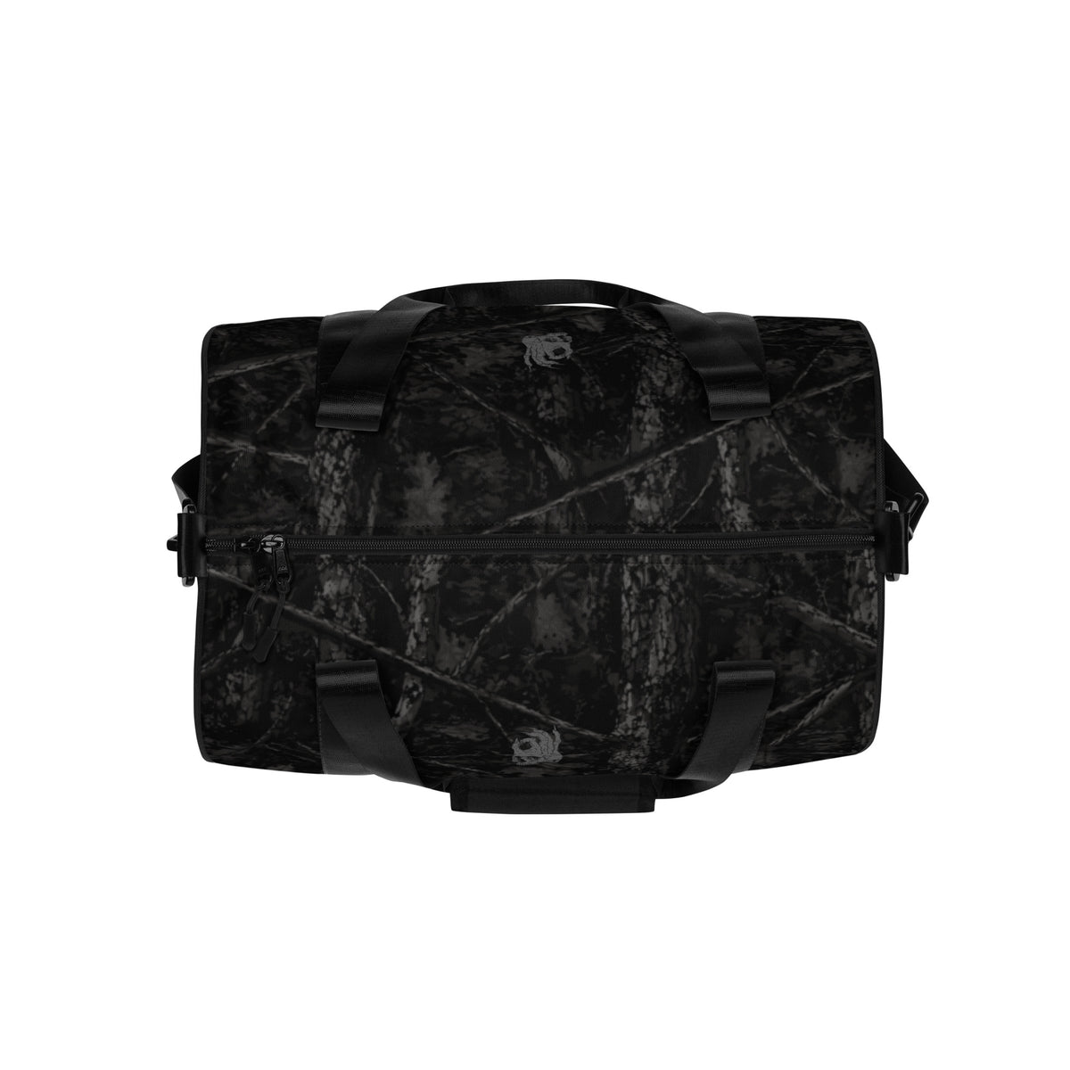 Hellbeing black tree bark camo gym duffel bag with gray skull logo, top view