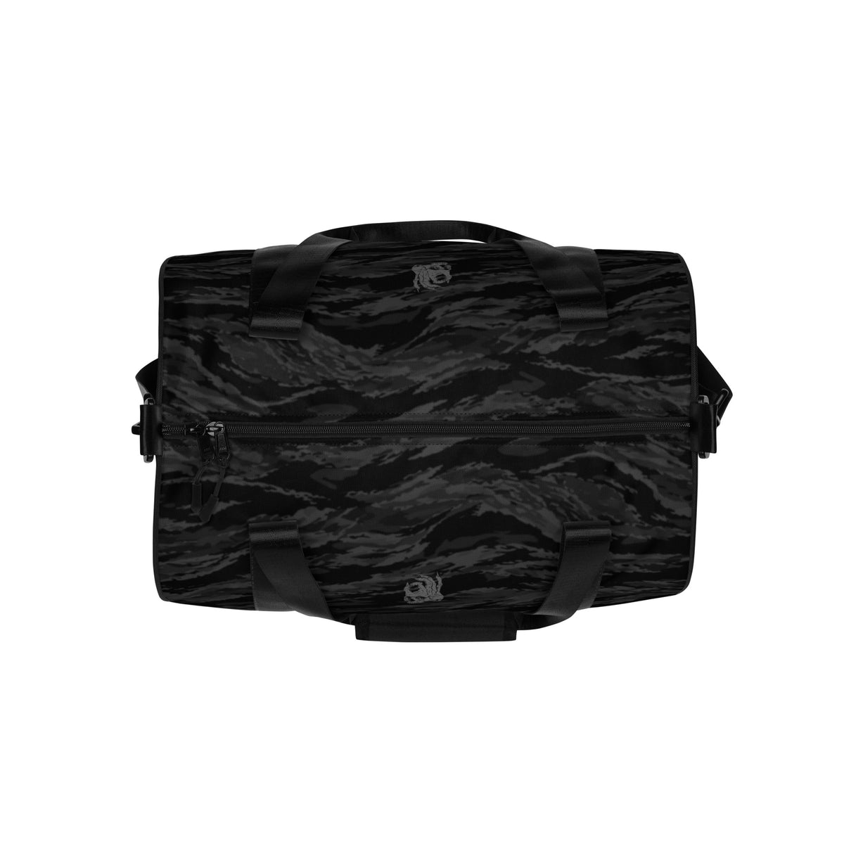 Hellbeing black tiger stripe camo gym duffel bag with gray skull logo, top view