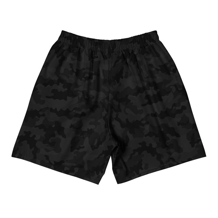 Hellbeing unisex black camo athletic long shorts, back view