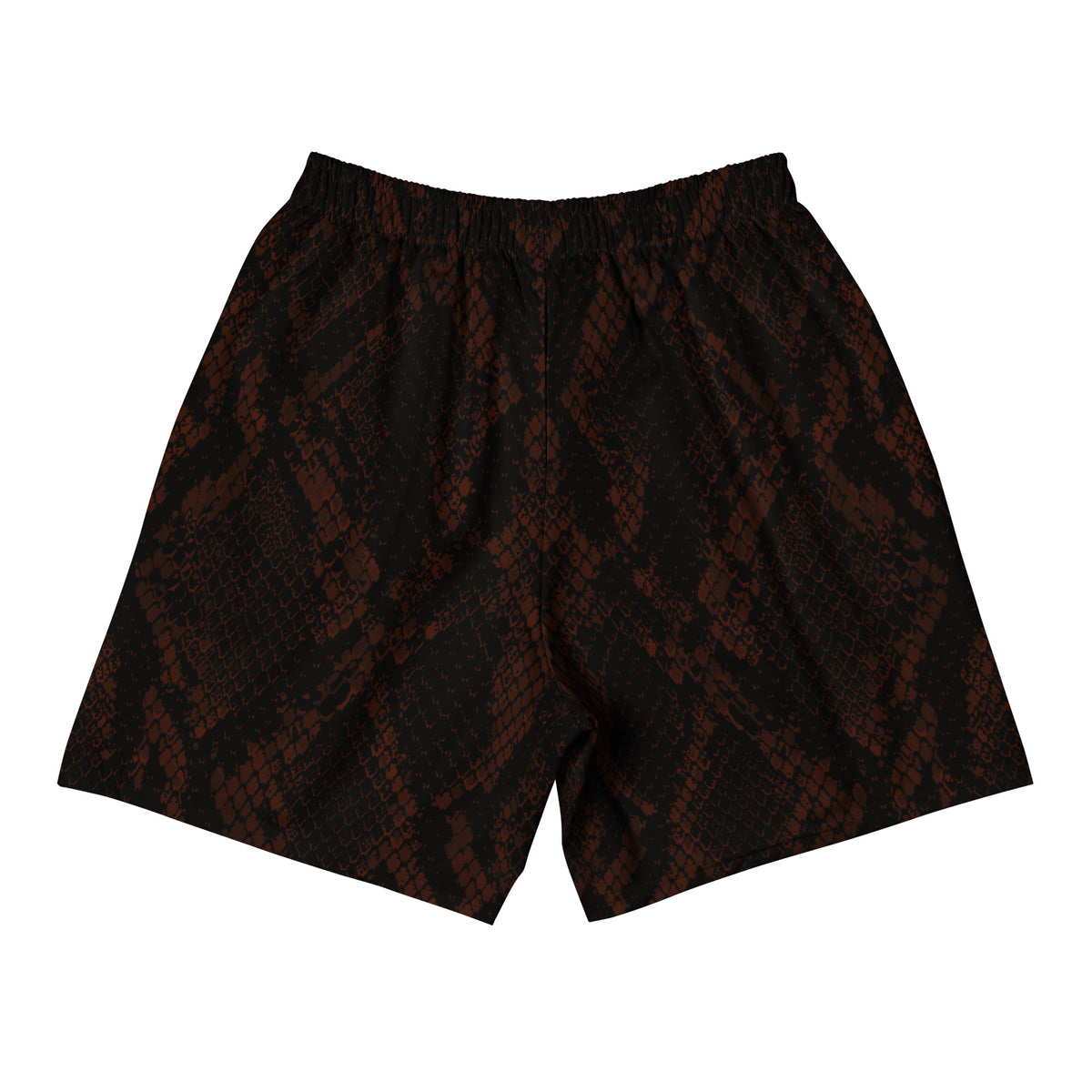 Hellbeing unisex burgundy snakeskin print athletic long shorts, back view